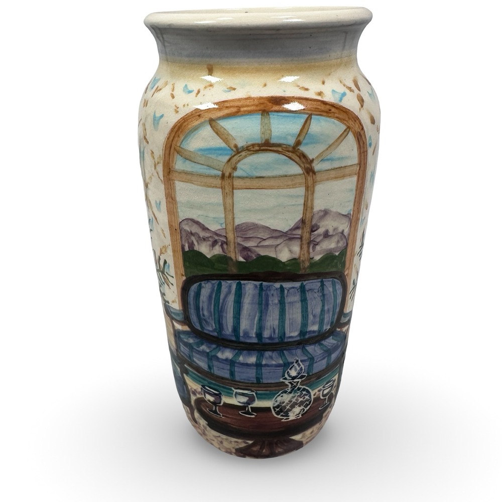Liz‎ Lawrence Redware Pottery Vase 1992 Hand Painted Scenic Interior Landscape